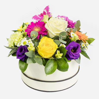 Simply The Best - A beautiful hat-box filled with a vibrant collection of flowers and foliage.