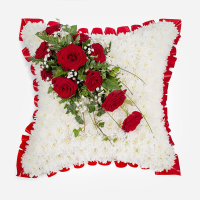 Cushion SYM-333 - White Massed 43cm x 43cm Cushion with Red Rose Spray.
