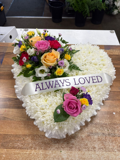Always Loved Heart Tribute - Graceful white heart tribute with pastel floral details and elegant ribbon wording to honour someone always loved and remembered.