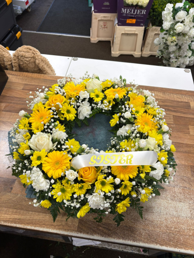 Yellow Wreath - Bright yellow and white remembrance wreath designed to celebrate cherished memories with warmth, love and thoughtful elegance.