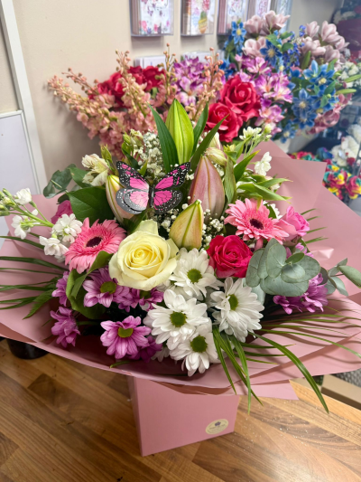 Sweet Pastel Bouquet - Charming pastel hand-tied bouquet with pink, white and seasonal blooms beautifully wrapped for a thoughtful gift.